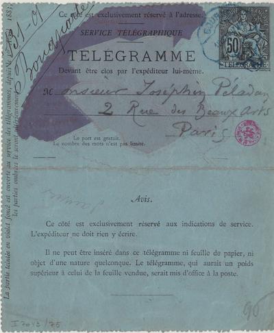 Télégramme de Félicien Rops à Joséphin Péladan. [Paris], 1884/01/15. Bruxelles, Bibliothèque royale de Belgique, II/7043/75