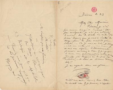 Lettre de Félicien Rops à [Joséphin] Péladan. Bièvres, 1883/08/23. Bruxelles, Bibliothèque royale de Belgique, II/7043/77