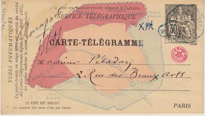 carte-télégramme de Félicien Rops à [Joséphin] Péladan. [Paris], 1883/11/05. Bruxelles, Bibliothèque royale de Belgique, II/7043/80