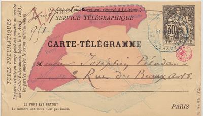 carte-télégramme de Félicien Rops à Joséphin Péladan. [Paris], 1883/11/02. Bruxelles, Bibliothèque royale de Belgique, II/7043/82