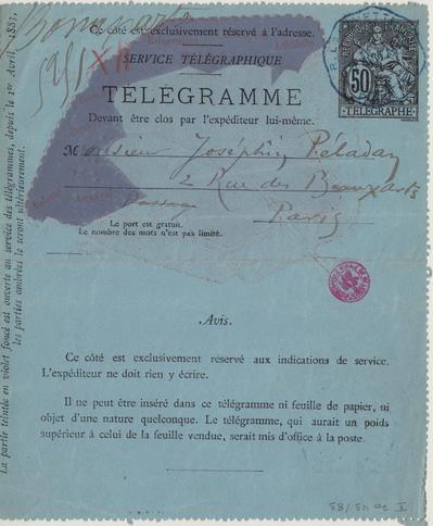 Télégramme de Félicien Rops à Joséphin Péladan. [Paris], 1883/10/01. Bruxelles, Bibliothèque royale de Belgique, II/7043/83