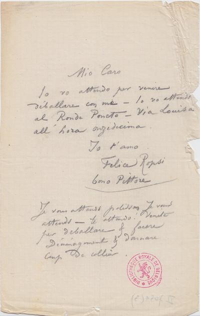 Lettre de Félicien Rops à Inconnu. [Bruxelles], 1872/00/00. Bruxelles, Bibliothèque royale de Belgique, II/7051/3