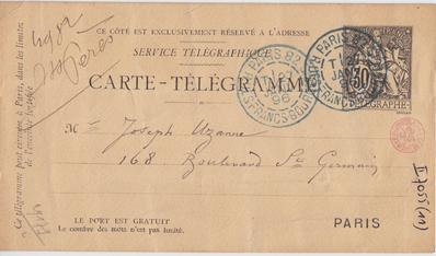 Carte-Télégramme de Félicien Rops à Joseph Uzanne. [Paris], 1896/01/27. Bruxelles, Bibliothèque royale de Belgique, II/7055/11