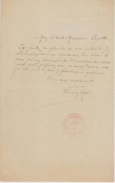 Lettre de Félicien Rops à [Albert?] Capelle. Paris, 1894/00/00. Bruxelles, Bibliothèque royale de Belgique, II/7055/13