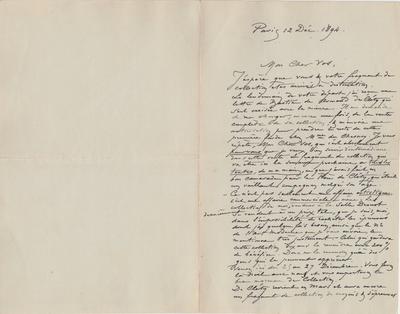 Lettre de Félicien Rops à [Charles] Vos. Paris, 1894/12/12. Bruxelles, Bibliothèque royale de Belgique, II/7109/1