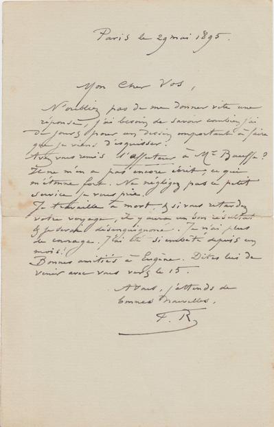 Lettre de Félicien Rops à [Charles] Vos. Paris, 1895/05/29. Bruxelles, Bibliothèque royale de Belgique, II/7109/10