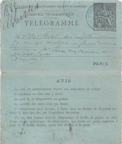 Télégramme de Félicien Rops à Charles Vos. [Paris], 1896/01/11. Bruxelles, Bibliothèque royale de Belgique, II/7109/14