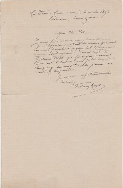 Lettre de Félicien Rops à [Charles] Vos. Corbeil-Essonnes, 1896/04/04. Bruxelles, Bibliothèque royale de Belgique, II/7109/15