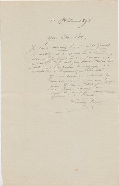 Lettre de Félicien Rops à [Charles] Vos. s.l., 1896/04/10. Bruxelles, Bibliothèque royale de Belgique, II/7109/17