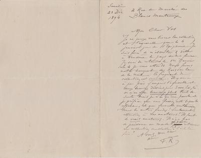 Lettre de Félicien Rops à [Charles] Vos. Paris, 1894/12/23. Bruxelles, Bibliothèque royale de Belgique, II/7109/2