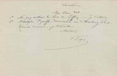 Lettre de Félicien Rops à [Charles] Vos. s.l., 0000/00/00. Bruxelles, Bibliothèque royale de Belgique, II/7109/24