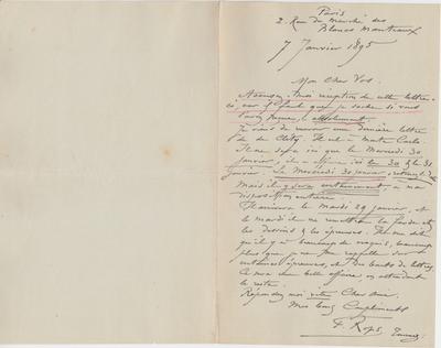 Lettre de Félicien Rops à [Charles] Vos. Paris, 1895/01/07. Bruxelles, Bibliothèque royale de Belgique, II/7109/3