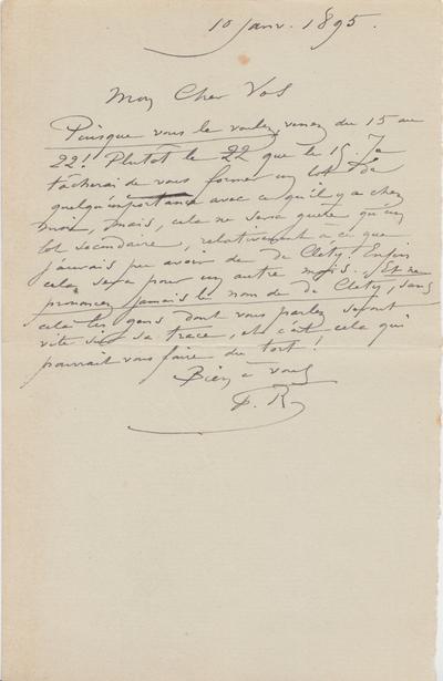 Lettre de Félicien Rops à [Charles] Vos. s.l., 1895/01/10. Bruxelles, Bibliothèque royale de Belgique, II/7109/4