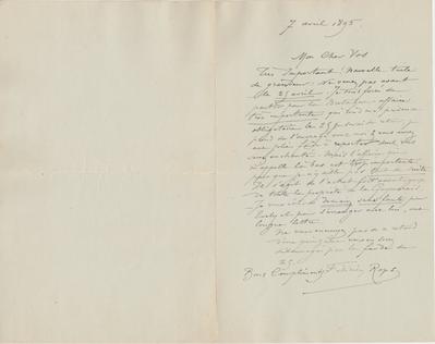 Lettre de Félicien Rops à [Charles] Vos. s.l., 1895/04/07. Bruxelles, Bibliothèque royale de Belgique, II/7109/8