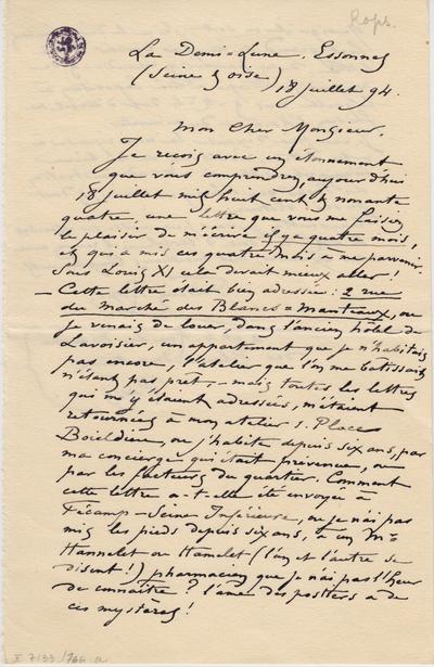 Lettre de Félicien Rops à [Fernand] de Beeckman. [Corbeil-Essonnes], 1894/07/18. Bruxelles, Bibliothèque royale de Belgique, II/7133/766