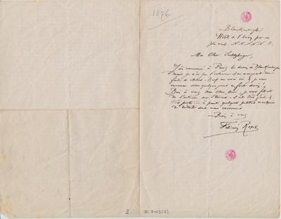 Lettre de Félicien Rops à [Max] Sulzberger. Blankenberghe, 1876/00/00. Bruxelles, Bibliothèque royale de Belgique, II/7165/2