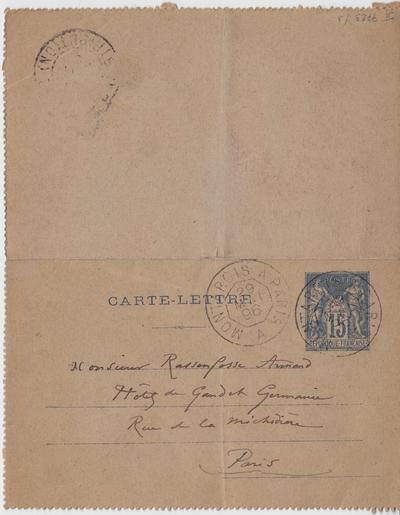 Carte-Lettre de Félicien Rops à Armand Rassenfosse. [Paris], 1896/05/29. Bruxelles, Bibliothèque royale de Belgique, II/7723/3