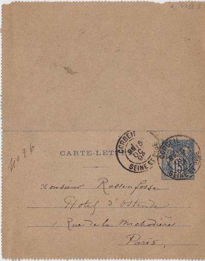 Carte-Lettre de Félicien Rops à [Armand] Rassenfosse. [Corbeil-Essonnes], 1896/10/05. Bruxelles, Bibliothèque royale de Belgique, II/7723/7