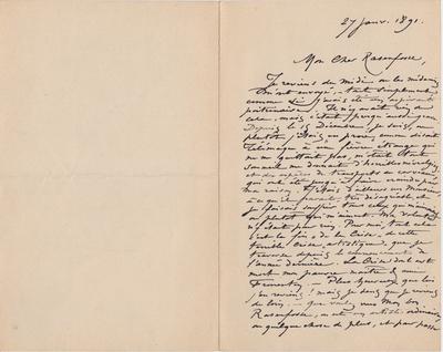 Lettre de Félicien Rops à [Armand] Rassenfosse. [Paris], 1891/01/27. Bruxelles, Bibliothèque royale de Belgique, II/7723/9