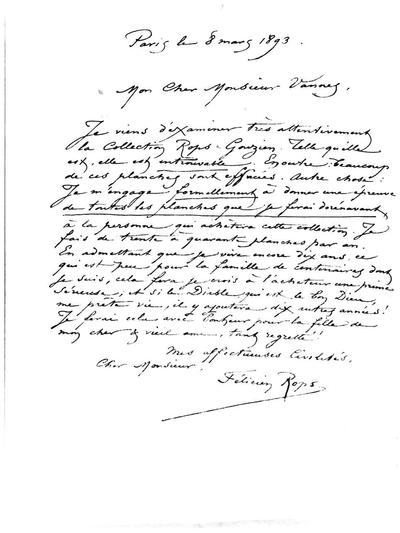 Lettre de Félicien Rops à [Jean-François Émile] Vannes. Paris, 1893/03/08. Bruxelles, Bibliothèque royale de Belgique, II/6958/8b