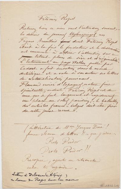 Lettre de Félicien Rops à [Alfred] [Delvau]. s.l., 0000/00/00. Bruxelles, Bibliothèque royale de Belgique, III/1802/13