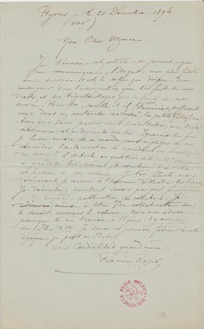 Lettre de Félicien Rops à [Octave] Uzanne. Hyères, 1896/12/21. Bruxelles, Bibliothèque royale de Belgique, III/1802/4