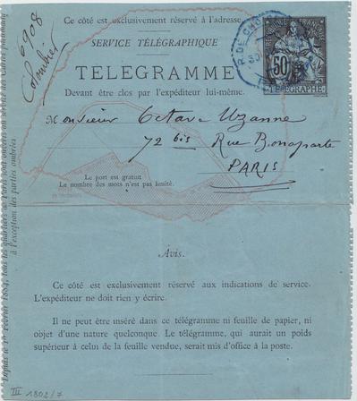 Télégramme de Félicien Rops à [Octave] Uzanne. [Paris], 1884/12/30. Bruxelles, Bibliothèque royale de Belgique, III/1802/7