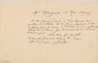 Lettre de Félicien Rops à [Eugène] Rodrigues. s.l., 0000/00/00. Bruxelles, Bibliothèque royale de Belgique, III/1898/69