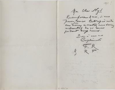 Lettre de Félicien Rops à [François] Nys. s.l., 1892/00/00. Bruxelles, Bibliothèque royale de Belgique, III/1898/70