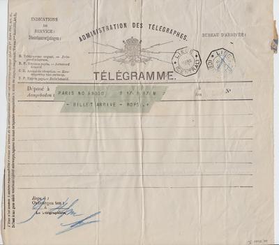 Télégramme non autographe de Félicien Rops à [Armand] Rassenfosse. Paris, 1890/03/17. Bruxelles, Bibliothèque royale de Belgique, III/1898/79