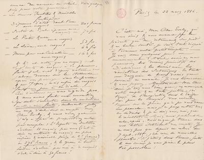 Lettre de Félicien Rops à [Léon] Evely. Paris, 1886/03/22. Bruxelles, Bibliothèque royale de Belgique, III/215/1/14 et III/215/1/15