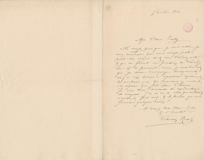 Lettre de Félicien Rops à [Léon] Evely. s.l., 1881/04/05. Bruxelles, Bibliothèque royale de Belgique, III/215/1/23