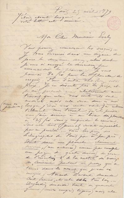 Lettre de Félicien Rops à [Léon] Evely. Paris, 1879/04/25. Bruxelles, Bibliothèque royale de Belgique, III/215/1/26a et III/215/1/26b