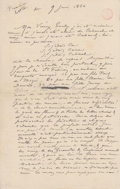 Lettre de Félicien Rops à [Léon] Evely. s.l., 1884/06/09. Bruxelles, Bibliothèque royale de Belgique, III/215/1/28a