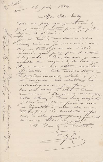 Lettre de Félicien Rops à [Léon] Evely. s.l., 1884/06/16. Bruxelles, Bibliothèque royale de Belgique, III/215/1/28b