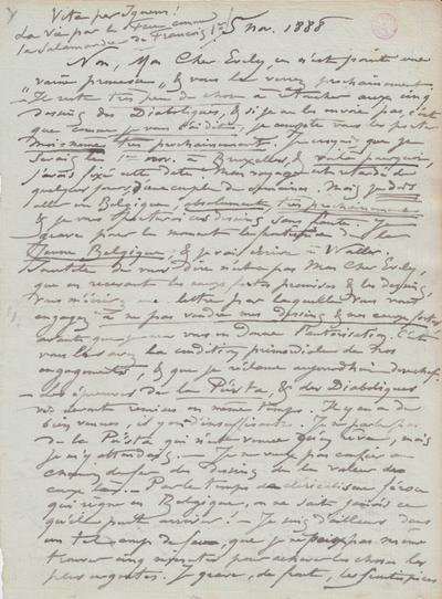 Lettre de Félicien Rops à [Léon] Evely. s.l., 1888/11/05. Bruxelles, Bibliothèque royale de Belgique, III/215/1/33