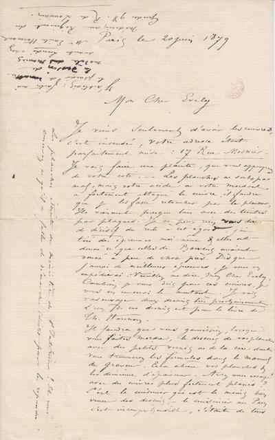 Lettre de Félicien Rops à [Léon] Evely. Paris, 1879/06/20. Bruxelles, Bibliothèque royale de Belgique, III/215/1/4