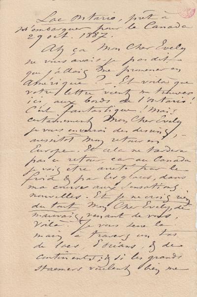 Lettre de Félicien Rops à [Léon] Evely. [États-Unis], 1887/10/29. Bruxelles, Bibliothèque royale de Belgique, III/215/1/45