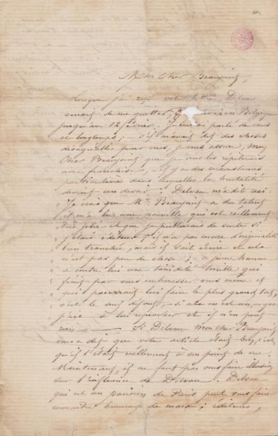 Lettre de Félicien Rops à [Jules] Beaujoint. s.l., 0000/00/00. Bruxelles, Bibliothèque royale de Belgique, III/215/1/48