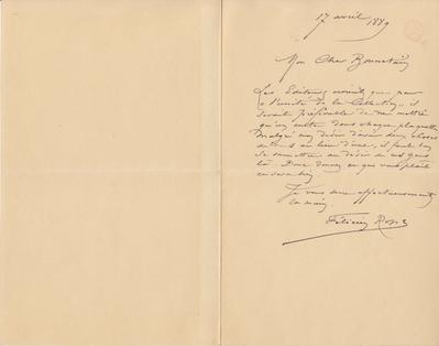 Lettre de Félicien Rops à [Paul] Bonnetain. s.l., 1889/04/17. Bruxelles, Bibliothèque royale de Belgique, III/215/1/50