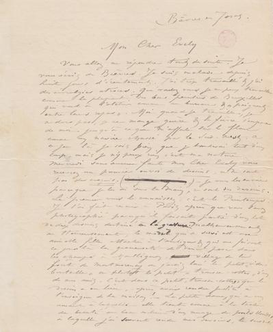 Lettre de Félicien Rops à [Léon] Evely. Bièvres, entre [1884/05]/00 et [1884/07]/00. Bruxelles, Bibliothèque royale de Belgique, III/215/10/31