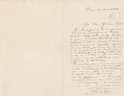 Lettre de Félicien Rops à [Edgar] Baes. Paris, 1884/03/27. Bruxelles, Bibliothèque royale de Belgique, III/215/10/33