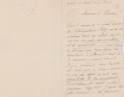 Lettre non autographe de Félicien Rops à [Gaston] [Bérardi]. Paris, 1884/04/08. Bruxelles, Bibliothèque royale de Belgique, III/215/10/36