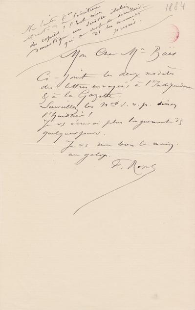 Lettre de Félicien Rops à [Edgar] Baes. [Paris], 1884/04/08. Bruxelles, Bibliothèque royale de Belgique, III/215/10/37