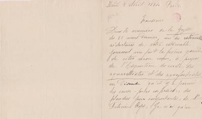 Lettre non autographe de Félicien Rops à Homme inconnu. Paris, 1884/04/08. Bruxelles, Bibliothèque royale de Belgique, III/215/10/38