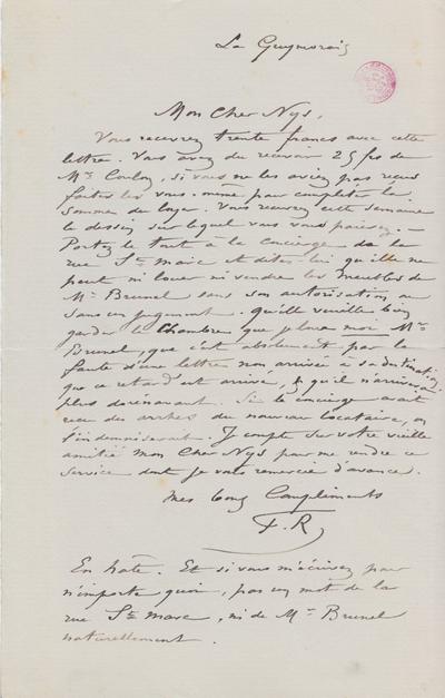 Lettre de Félicien Rops à [François] Nys. Saint-Méloir-des-Ondes, entre [1892/08/22] et [1892/09/15]. Bruxelles, Bibliothèque royale de Belgique, III/215/10/41