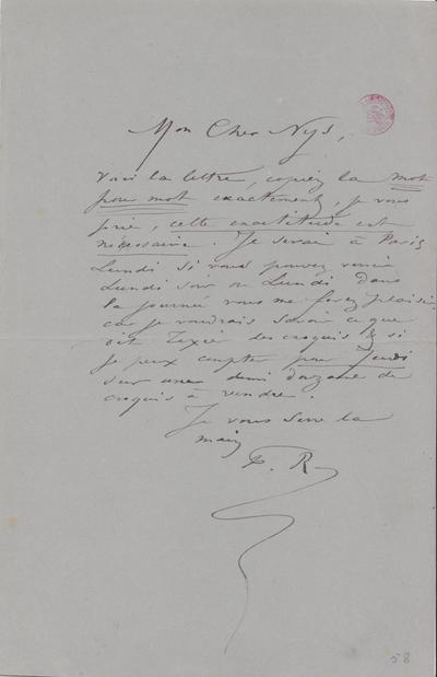 Lettre de Félicien Rops à [François] Nys. s.l., 0000/00/00. Bruxelles, Bibliothèque royale de Belgique, III/215/10/42