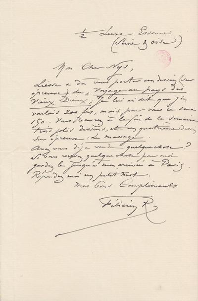 Lettre de Félicien Rops à [François] Nys. Corbeil-Essonnes, entre [1885/04]/00 et [1896/00]/00. Bruxelles, Bibliothèque royale de Belgique, III/215/10/45