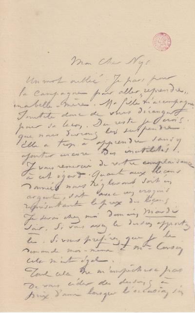 Lettre de Félicien Rops à [François] Nys. [Paris], 0000/00/00. Bruxelles, Bibliothèque royale de Belgique, III/215/10/46