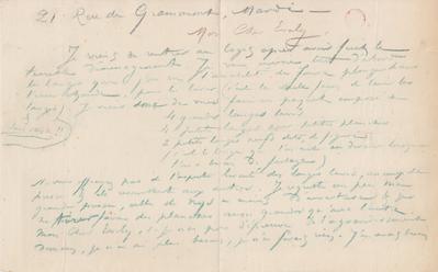 Lettre de Félicien Rops à [Léon] Evely. Paris, 1884/02/00. Bruxelles, Bibliothèque royale de Belgique, III/215/10/6